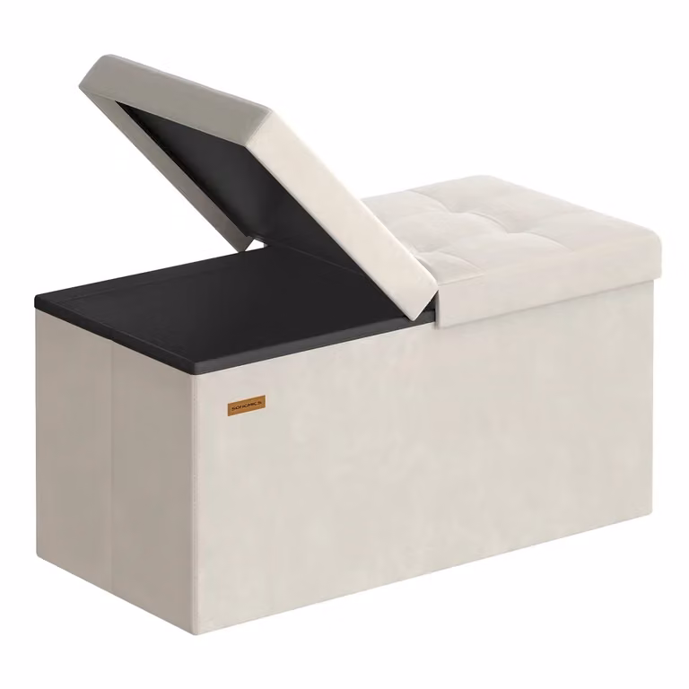 Pouf pieghevole con contenitore e seduta confortevole, Beige Cappuccino / 76l cm