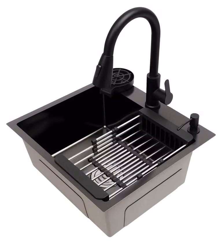 Lavello da cucina - Lavello da incasso rettangolare - Rubinetto estraibile con getto da 40 cm e doccetta - Profondità 20 cm - Scarico 110 mm - Acciaio inossidabile 201 e rame - Nero