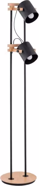 Lampada da terra Alfa stile industrial con 2 luci E27, colore nero e legno, Altezza: 152 cm