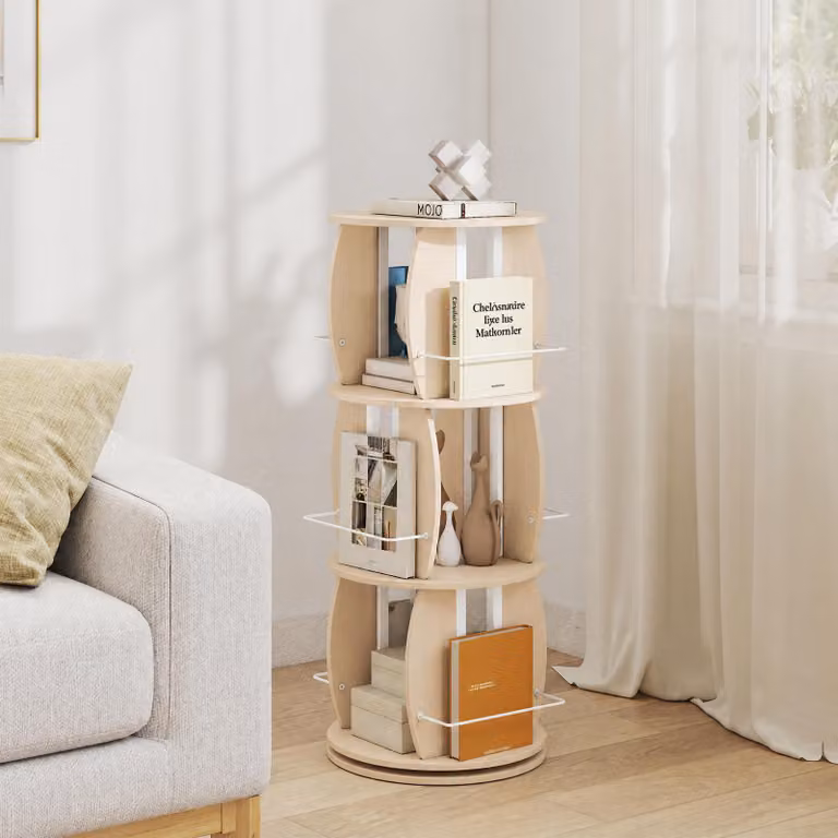 Costway Libreria girevole a 4 livelli con 8 barre protettive, Scaffale angolare per libri e decorazioni per salotto camera e ufficio Naturale