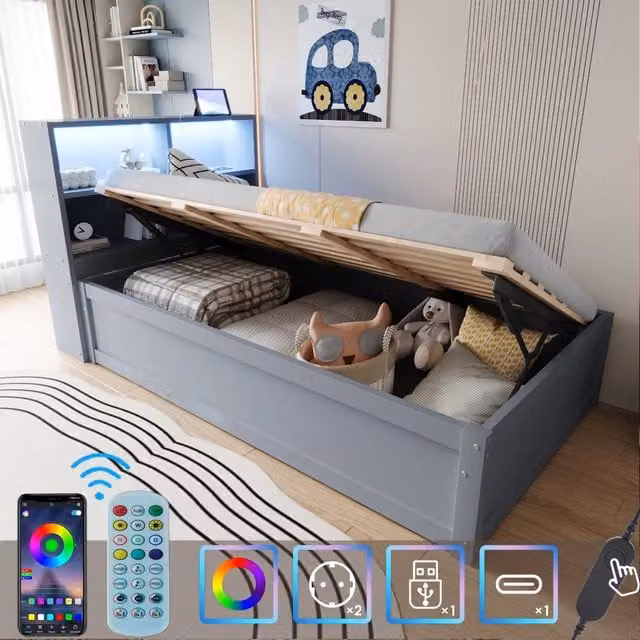 Letto divano singolo OKWISH in legno grigio con 4 vani contenitori, presa USB e luce LED, L/P/H: 200 x 90 x 82 cm