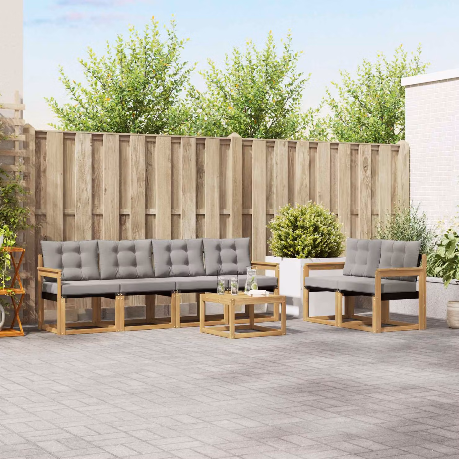 Set di divani da esterno vidaXL 7 pezzi in legno di acacia con tavolino e cuscini, Bianco, Grigio e Marrone