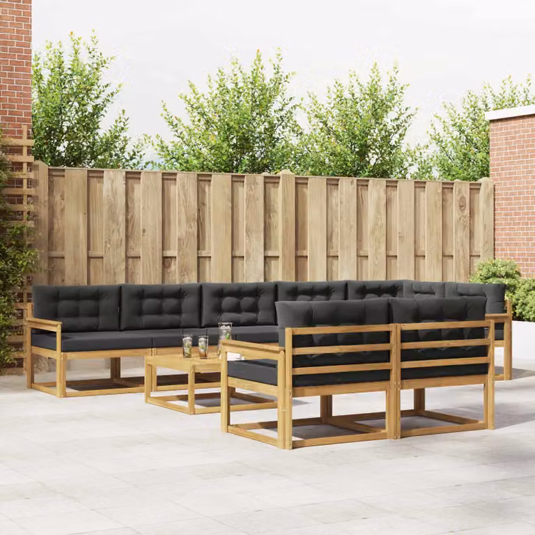 vidaXL Set di divani da esterno a forma di U composto da 9 pezzi in legno di acacia con cuscini, colori bianco, antracite e marrone