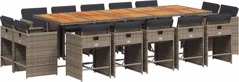 Set da Pranzo da Giardino 15 pz con Cuscini Grigio Polyrattan