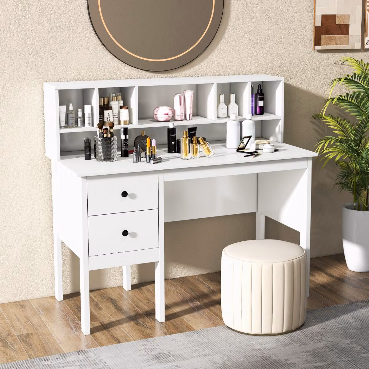 Scrivania per computer Costway bianca con 5 vani, 2 cassetti e porte USB, L: 120 cm