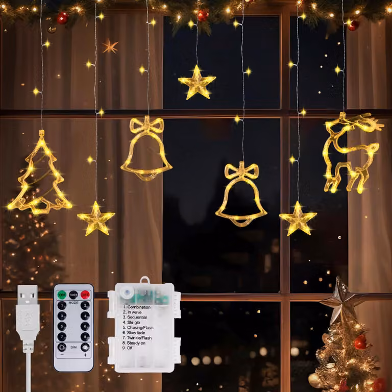 Illuminazione natalizia per tende, lunghezza 3,5 metri, 120 LED, 8 modalità, con telecomando
