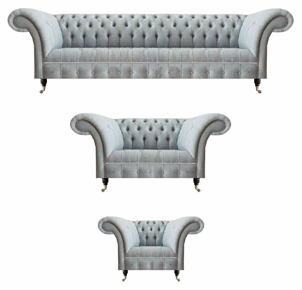 Chesterfield Wohnzimmer Garnitur Hellgraue Polstercouchen 3tlg Sitzset