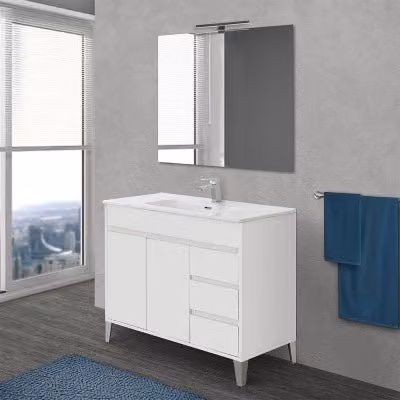 Mobile bagno da terra INBAGNO linea Way bianco lucido con lavabo, specchio e contenitore L/P/H: 101 x 47 x 84 cm
