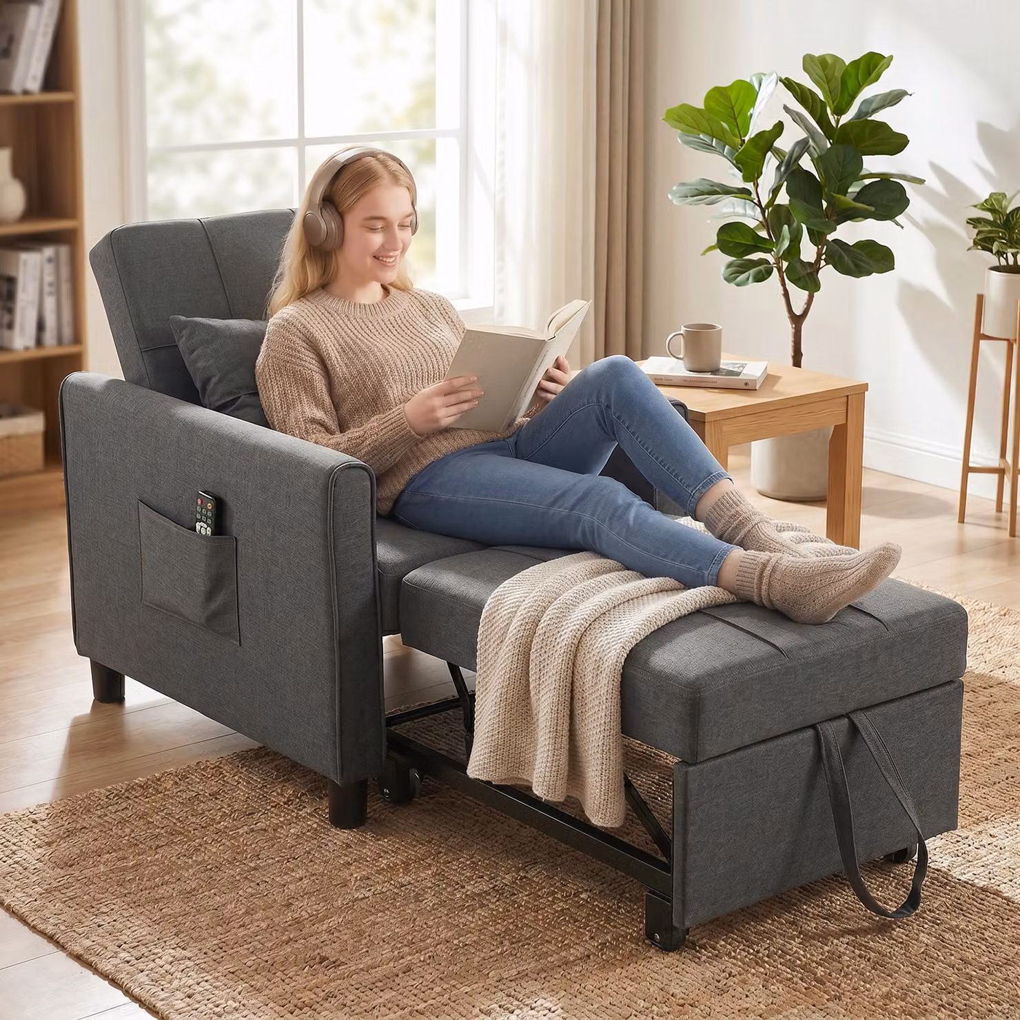 Poltrona Letto Singolo 3 in 1 HOMCOM in Tessuto Effetto Lino e Legno con Schienale Reclinabile, Cuscino e Tasche, Grigio – 2