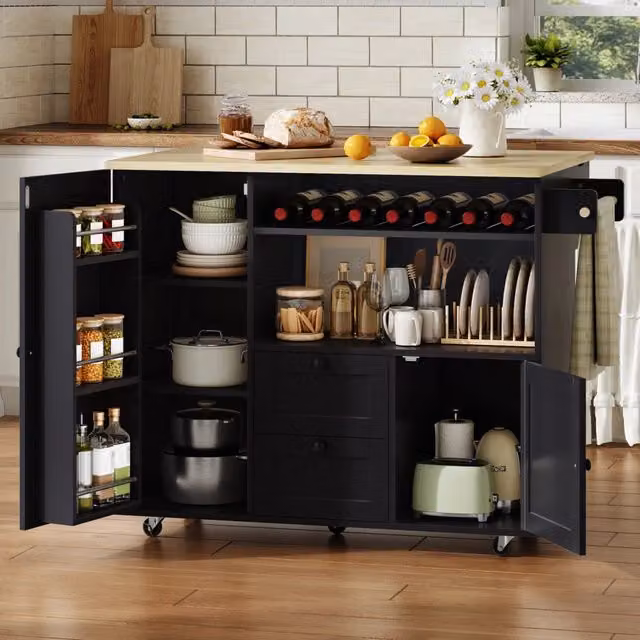 Isola cucina mobile con piano ribaltabile in MDF 104 x 69 x 89 cm con 2 cassetti e portabottiglie