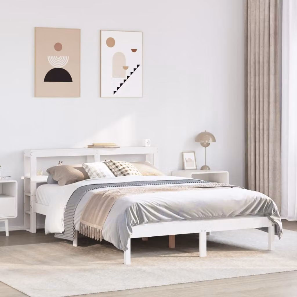 vidaXL Letto in Legno di Pino Massello Bianco con Ripiani Laterali L/P/H: 120 x 200 cm – 1