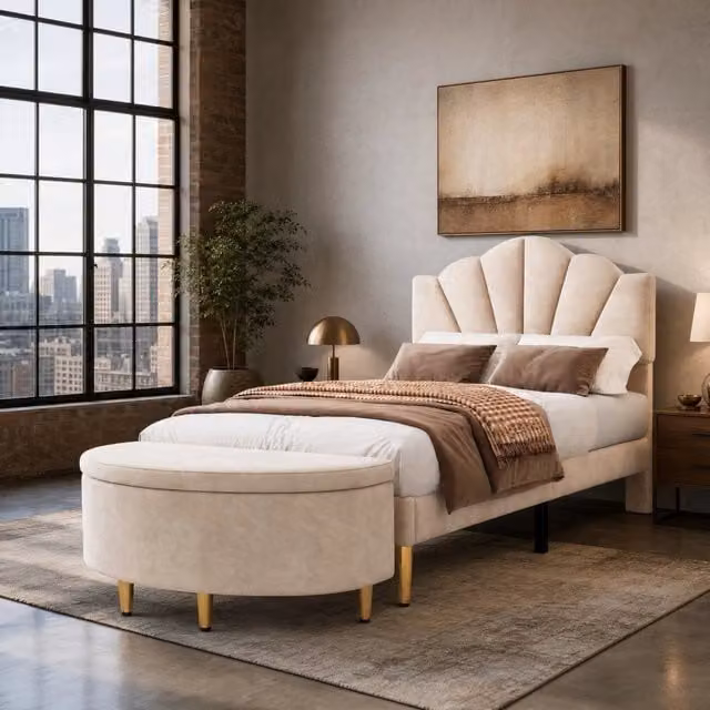 Letto imbottito REDOM in velluto beige e oro con testiera regolabile L/P/H: 90 x 200 x 130 cm – 1