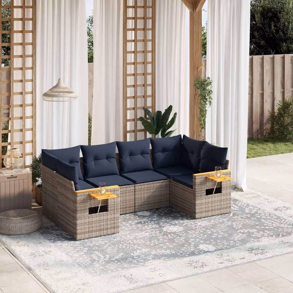 vidaXL Set Divani da Giardino 6 pz a Forma a L con Cuscini Blu e Grigio in Polyrattan e Legno di Acacia – 1
