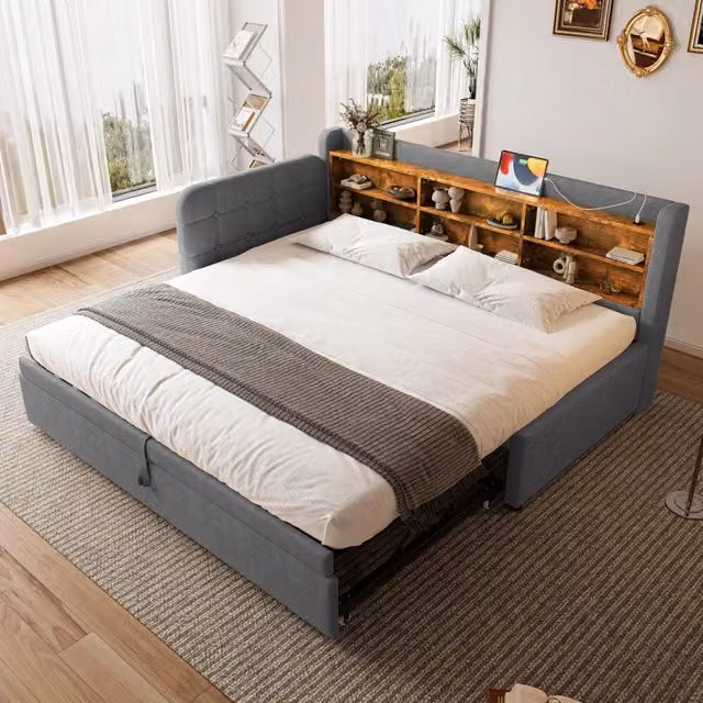 Letto singolo 90x200 cm in lino grigio con letto estraibile multifunzione; prese USB e USB-C
