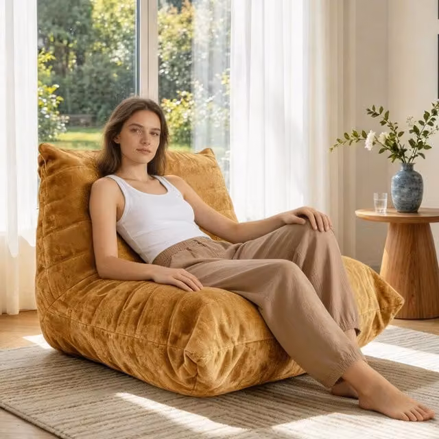 Divano relax Minimal in tessuto bianco con imbottitura in foam chunks per soggiorno e camera da letto