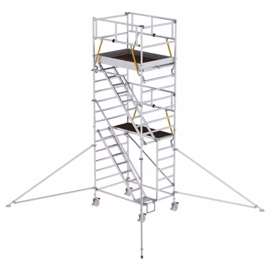 Ponteggio mobile SG 1,35 x 1,80 m con scale inclinate e bracci di sostegno; altezza della piattaforma 4,47 m