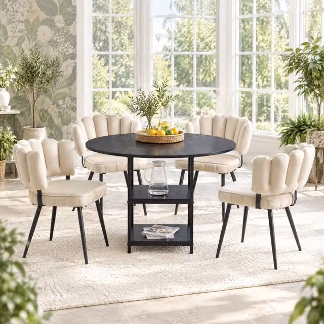 Set da pranzo 4 posti con tavolo rotondo 107 cm e 4 sedie con schienale a fiore in tessuto marrone chiaro, stile industriale