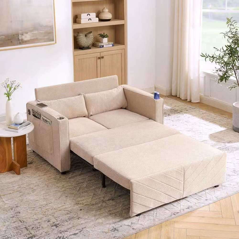 Divano letto a due posti - Divano letto 3-in-1 - Meccanismo a scorrimento - Porta USB integrata per la ricarica - Struttura in legno - Rivestimento in tessuto - Beige