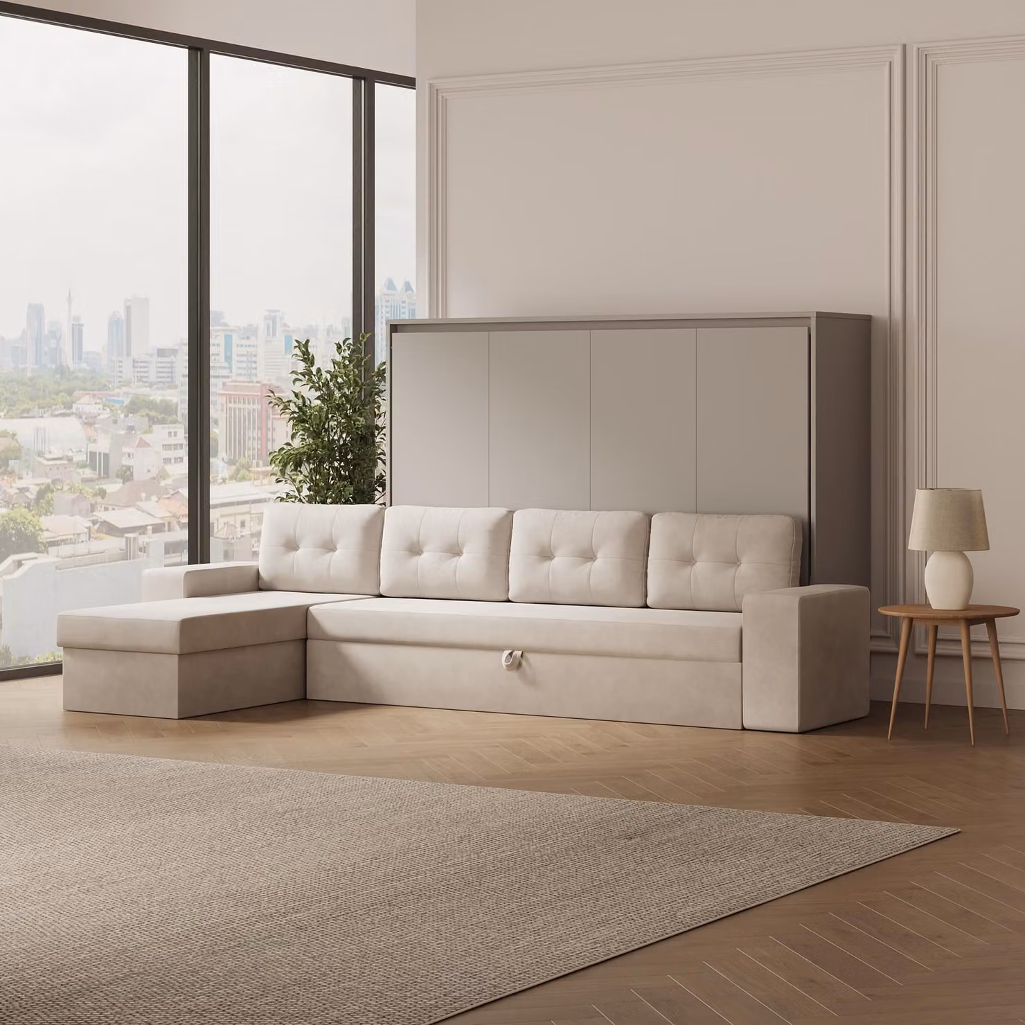 SMARTBett Armadio letto M2 Orizzontale 140x200 con divano angolare Grigio sabbia Grigio perla