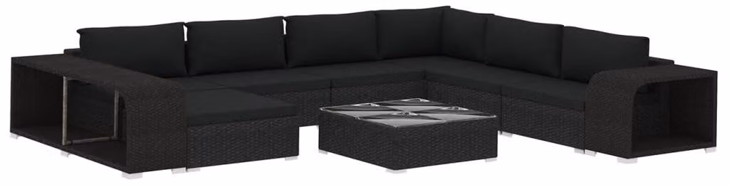 set da giardino da 10 pezzi con cuscini in poly rattan nero