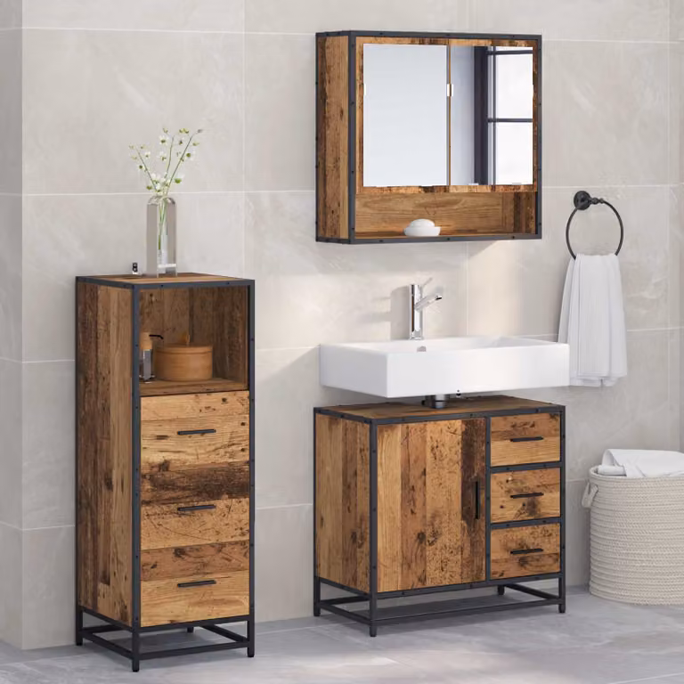 Set di mobili per il bagno moderno vidaXL in legno e metallo marrone, composto da 3 pezzi con armadietto specchio, mobile lavabo e mobile laterale, L/P/H: 65 x 33 x 60 cm