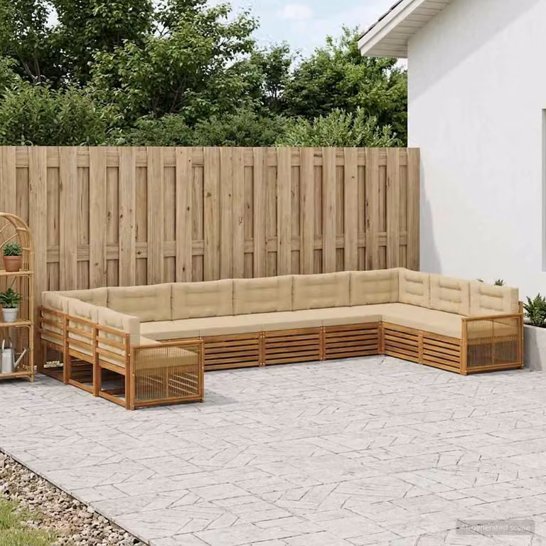Set di divani da giardino vidaXL in legno di acacia massello, 10 pezzi, forma a L con cuscini inclusi, colore marrone e beige