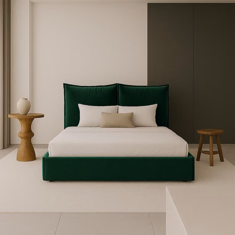 Letto matrimoniale imbottito Sofello VERDE con cuscini sfoderabili con cerniera, superficie di riposo 140 cm, testiera morbida e confortevole in velluto.