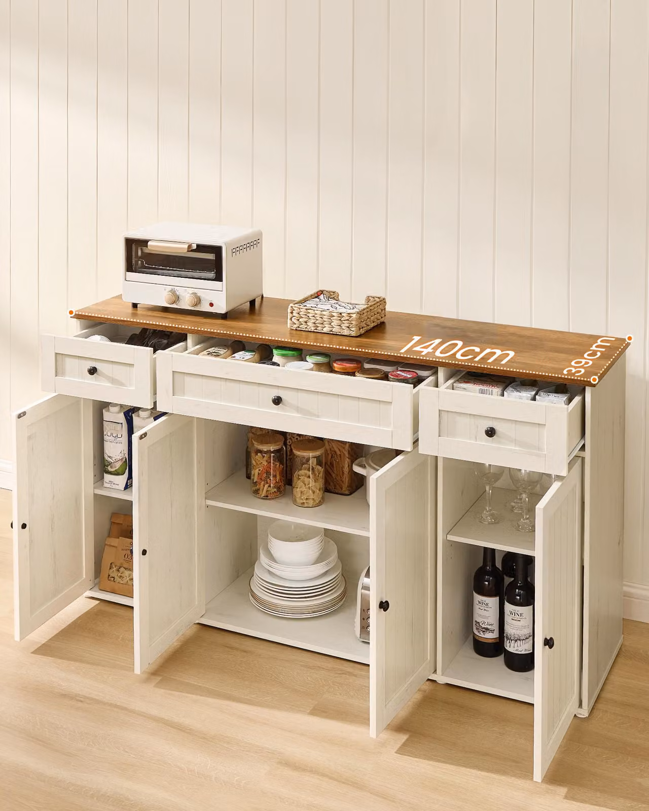 Credenza, tecnologia Toolless, montaggio rapidissimo senza attrezzi, mobile da cucina con piano di lavoro, bianco-marrone