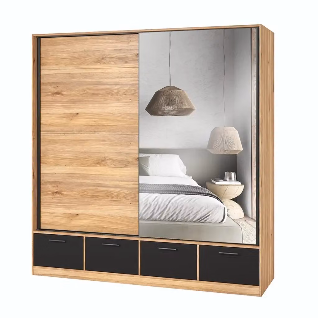 Set completo camera da letto design collezione EOS Meublorama con armadio, letto 180x200 cm, cassettiera e comodini in quercia chiara e nero – 2