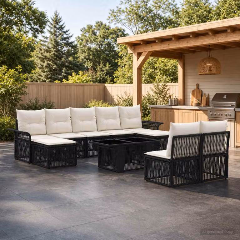 Set Divano da Giardino vidaXL in Polyrattan 10 Pezzi con Cuscini, Colore Nero e Bianco Crema