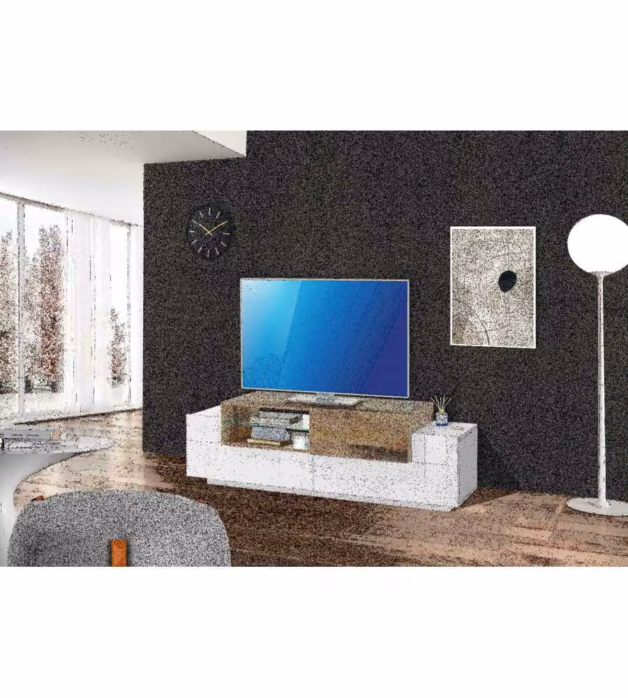 Porta Tv New Corona Moderno 2+1 Ante Battenti Ripiano Vetro Bianco Acero Pereira