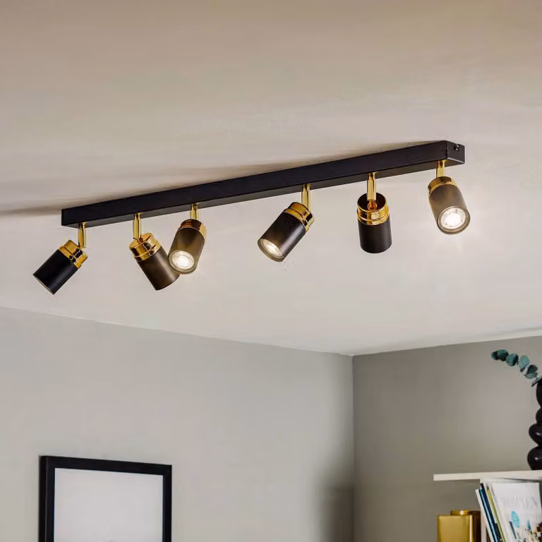 Faretto da soffitto Reno, 6 luci, nero/oro Reno Luminex, dimmerabile, Nero, Soggiorno / Sala da pranzo, Metallo, Moderno, Faretto