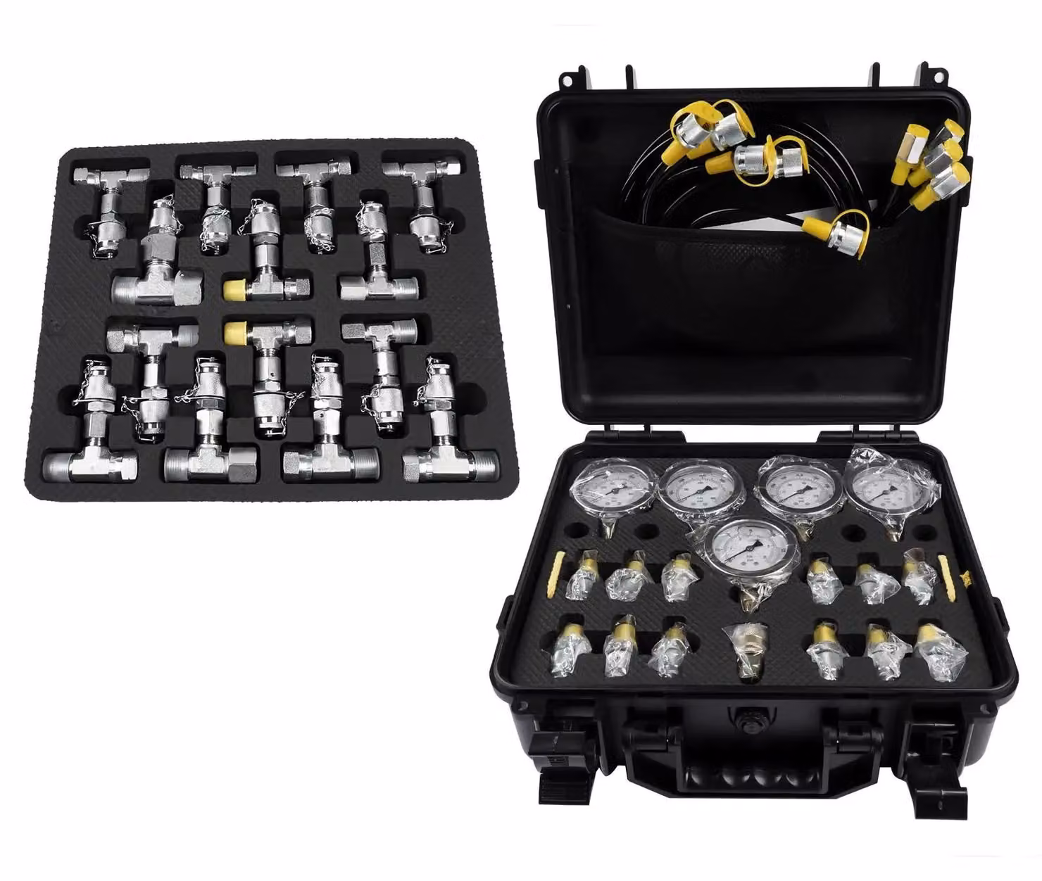 Kit di prova pressione idraulica - AP03 - Per escavatori - 5 manometri - Range di misurazione: 10/100/250/400/600 bar - Diverse connessioni - Colore: nero