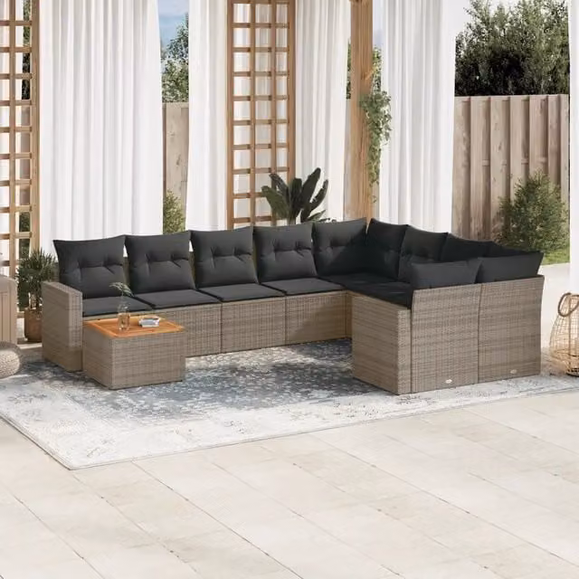 Set Divano da Giardino a L vidaXL in Polyrattan Grigio con 10 Pezzi e Cuscini – 1