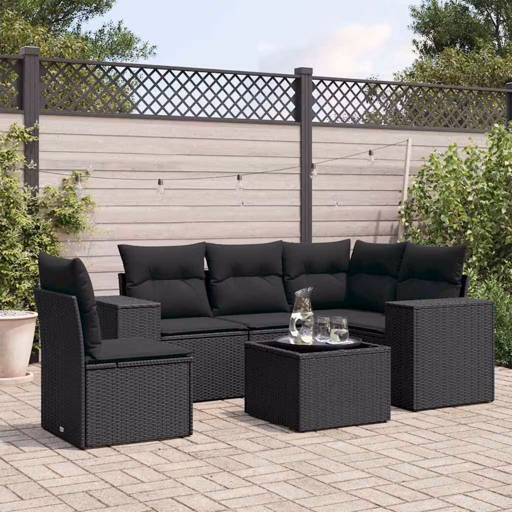 Set Divano da Giardino a L vidaXL 6 pz in Polyrattan Nero con Cuscini e Tavolino – 1