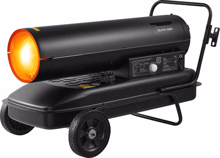 Pistola termica a gasolio - Termoventilatore a siluro - Potenza termica 50 kW - Termostato regolabile - Mobile con ruote - Per cantiere, garage, magazzino, officina, area esterna - Nero