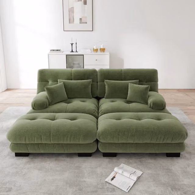 Divano modulare in ciniglia verde con 2 pouf mobili e braccioli imbottiti