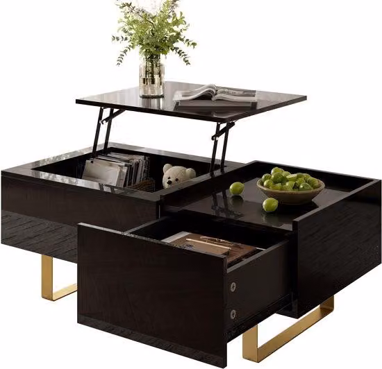 Tavolino moderno per soggiorno – Regolabile in altezza con funzione di contenimento – Superficie lucida e cassetti – Ideale per soggiorni moderni – Materiale: MDF – Dimensioni: 100x50x54,5 cm – Tavolino per soggiorno – Colore: nero