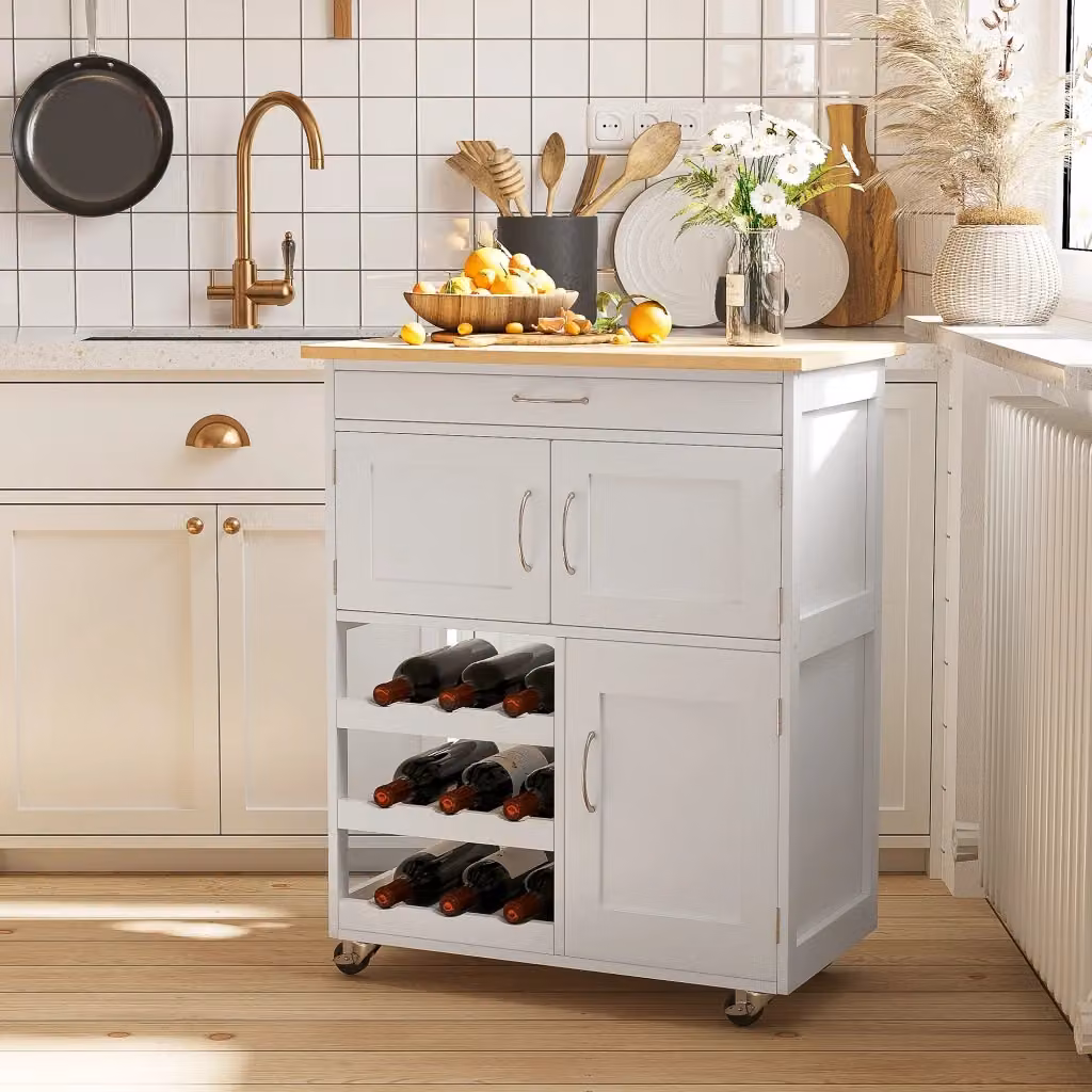 EasyComfort Carrello Cucina Salvaspazio con Portabottiglie, 3 Ante, Cassetto e 4 Ruote, L/P/H: 67 x 37 x 87 cm, Bianco e Rovere – 2