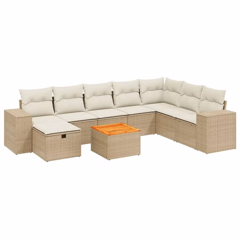 Set Divano da Giardino 9 pz con Cuscini Beige in Polyrattan