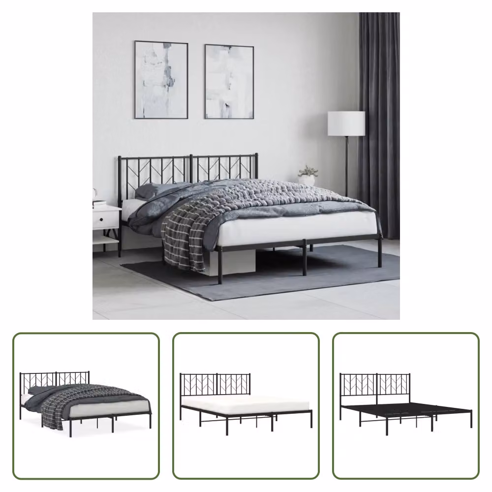 The Living Store Struttura letto con testiera in metallo nero 150x200 cm