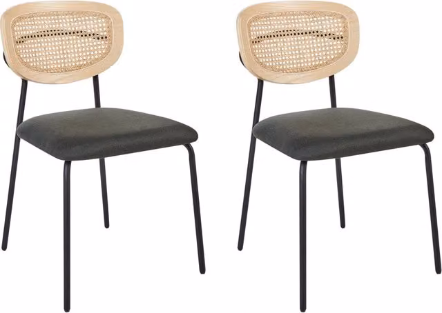 Set di 2 sedie da pranzo BELIANI con schienale in rattan naturale e rivestimento in poliestere verde scuro e gambe in metallo nero