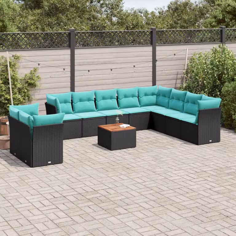 vidaXL Set Divani da Giardino 11 pz in Polyrattan Nero con Cuscini e Tavolino da Esterno a Forma di L