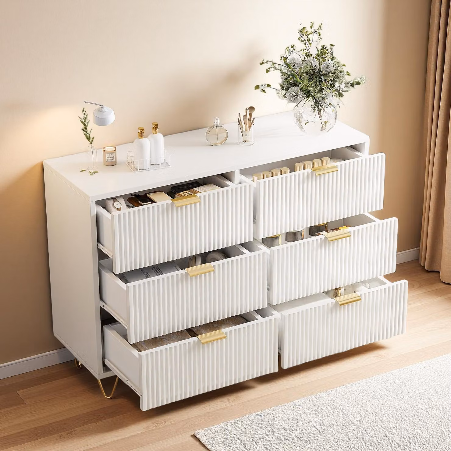 Cassettiera ProximaX con 6 cassetti, bianca, design moderno con maniglie dorate, mobile credenza per camera da letto e soggiorno