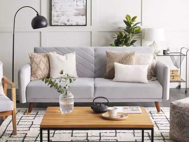 Divano Letto Click Clack Beliani in Velluto Grigio con Poggiatesta Regolabile e Struttura in Legno per Soggiorno Moderno – 1