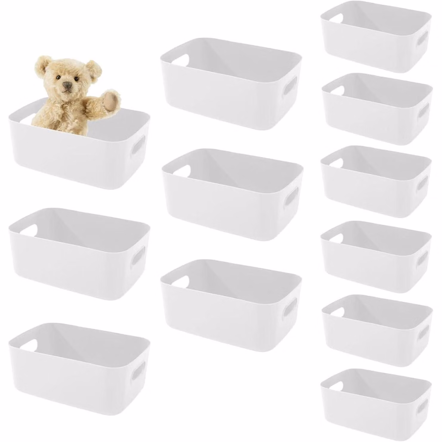 Contenitori in plastica con maniglia, 12 pezzi, 2 dimensioni, colore bianco