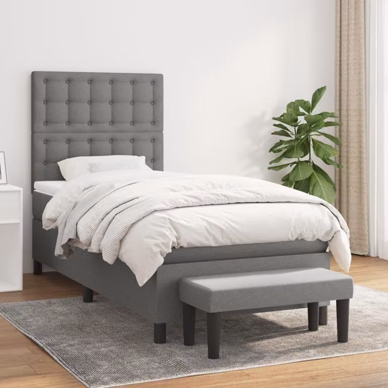 The Living Store Letto a molle con materasso grigio scuro 100x200 cm in tessuto