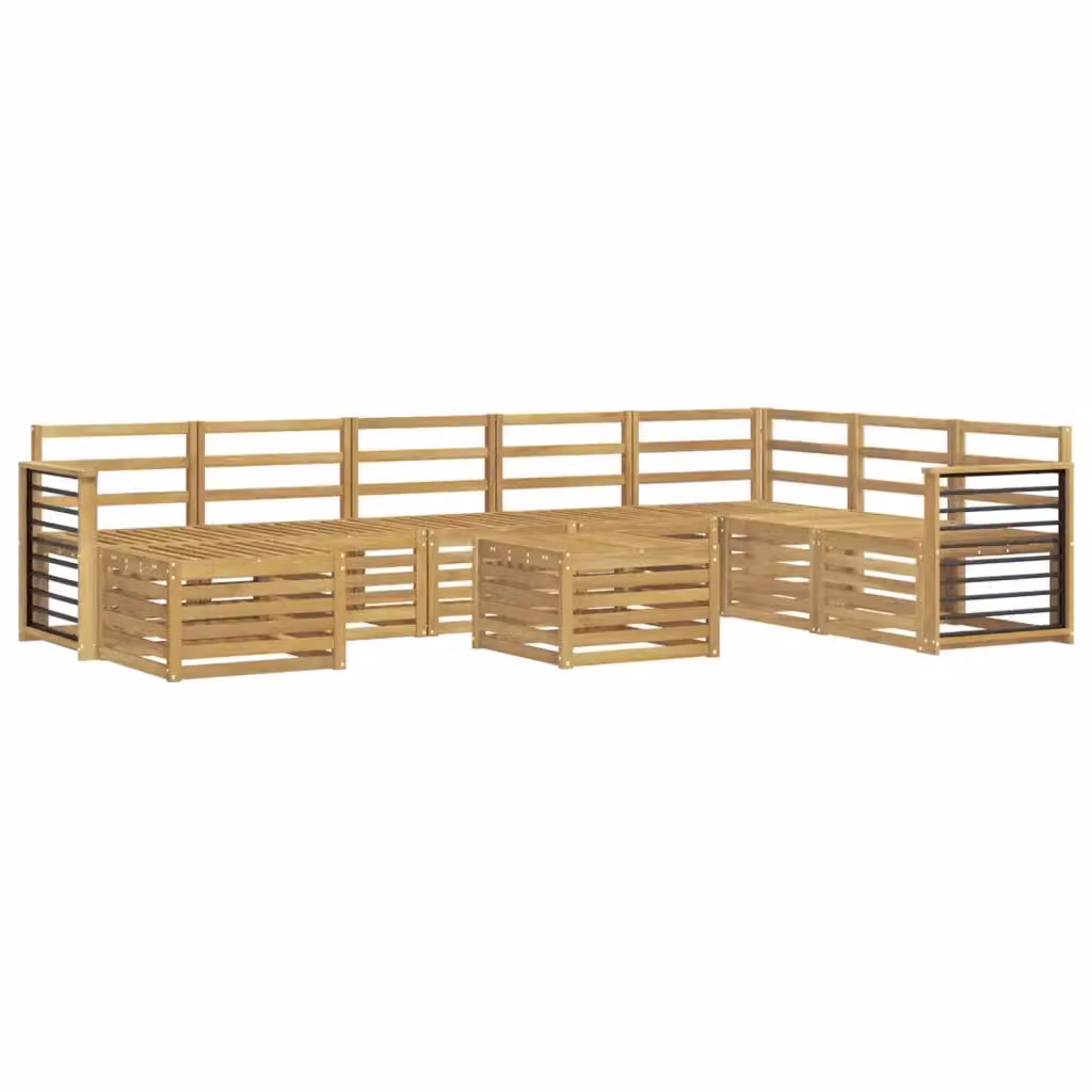 Set di divani da esterno vidaXL in legno di acacia massello con cuscini bianchi e marroni, composizione a L con tavolino e pouf, 9 pezzi – 2