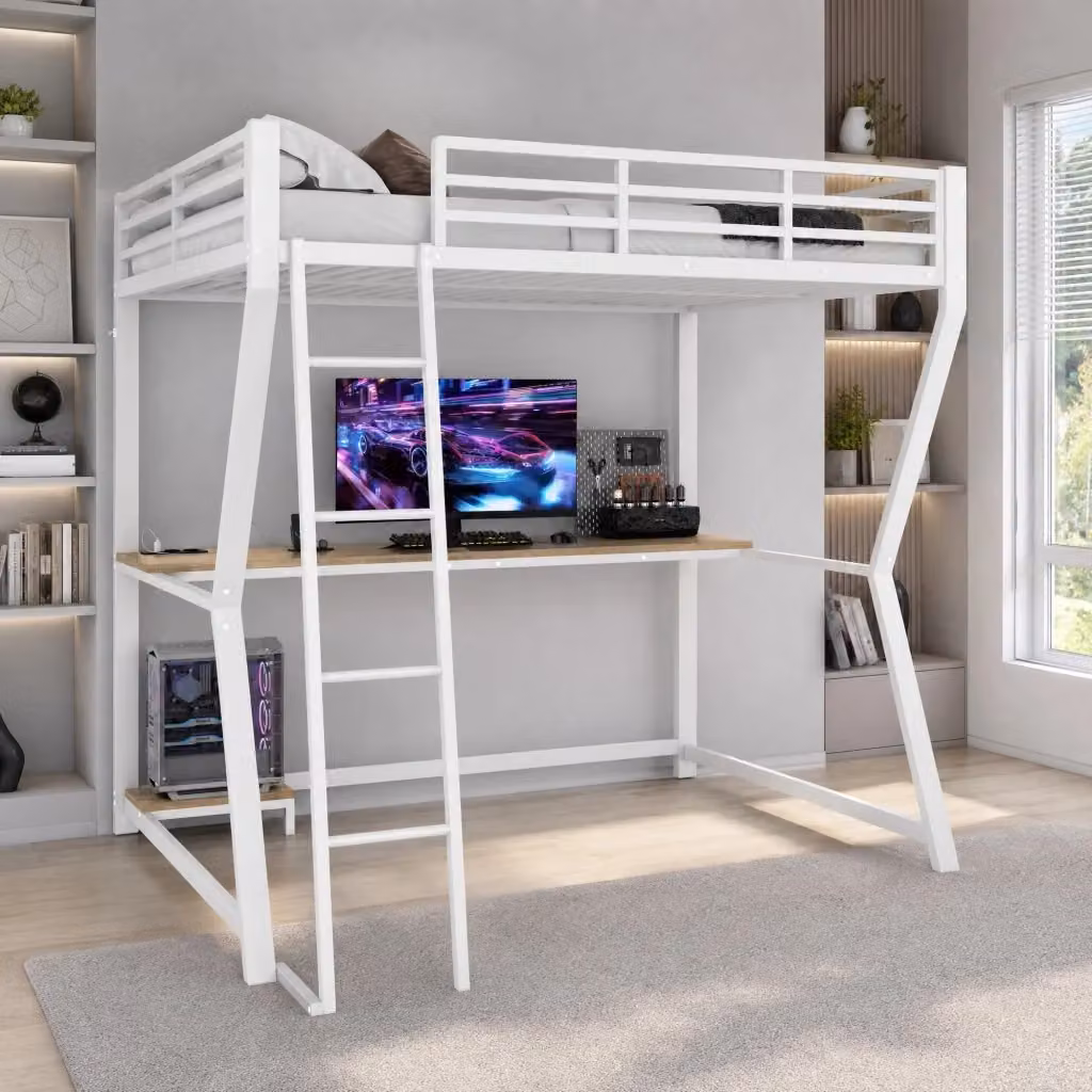 Letto a soppalco REDOM in metallo e MDF bianco con scrivania, presa USB, illuminazione sottostante e scale, L/P/H: 204.5 x 140 x 177.5 cm – 2