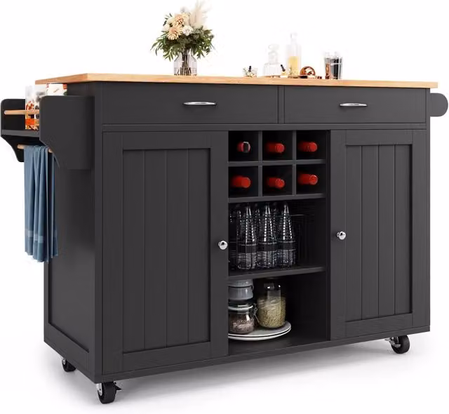 Isola cucina 102 x 45 x 92 cm in MDF e metallo, nera, con ruote, portabottiglie e vani